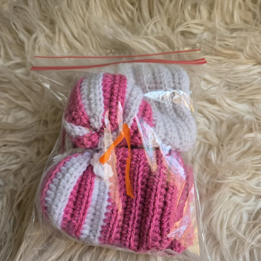 Pink and White Striped Baby Booties Handmade
